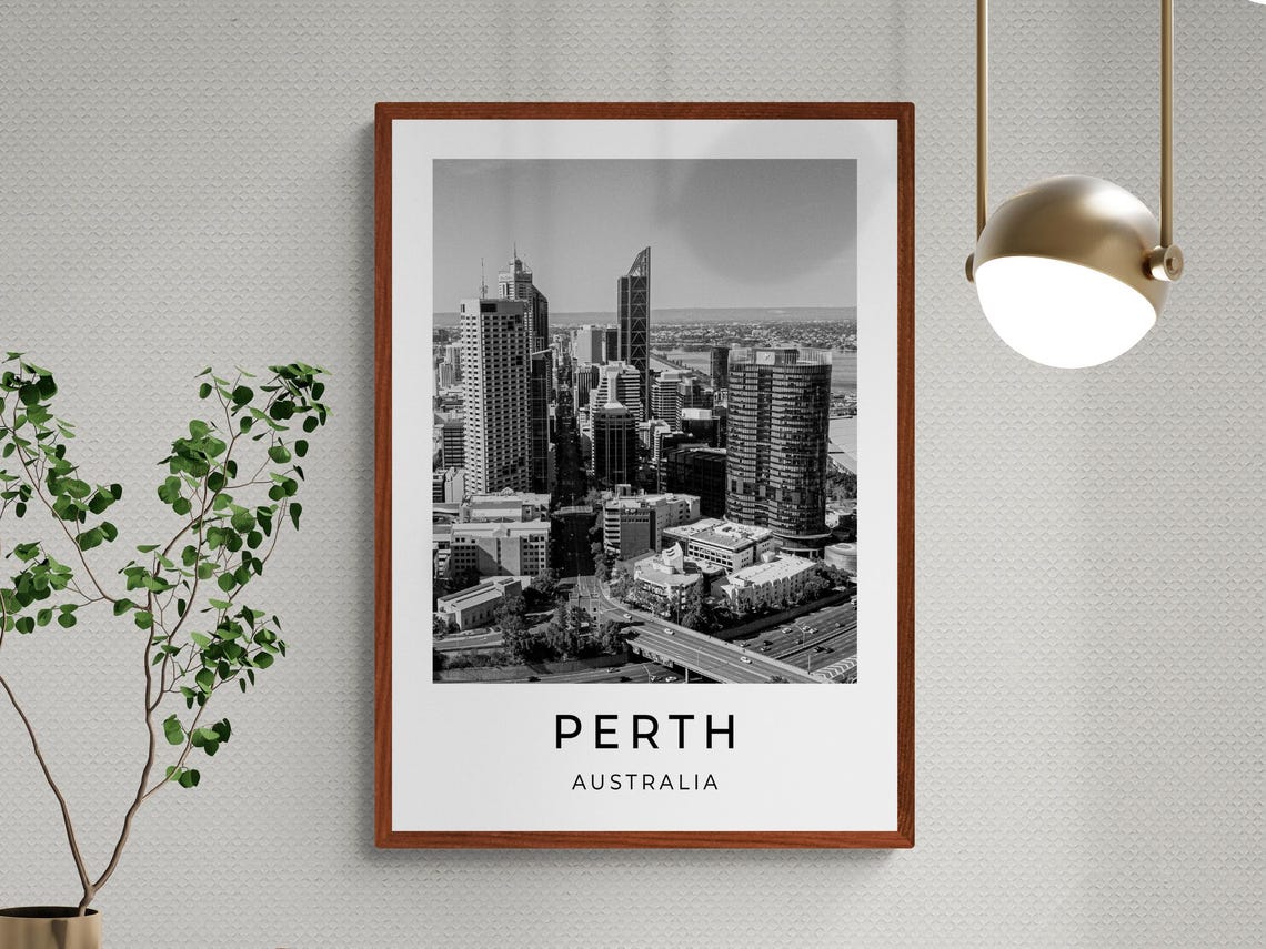 Perth Australia Downtown Aerial Skyline Black White City Poster - Image 3