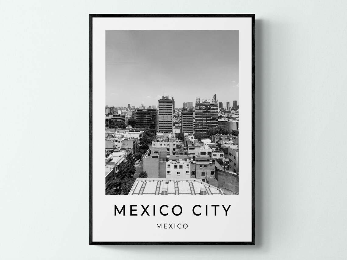 Mexico City Skyline Aerial View Black White Mexico Travel Poster
