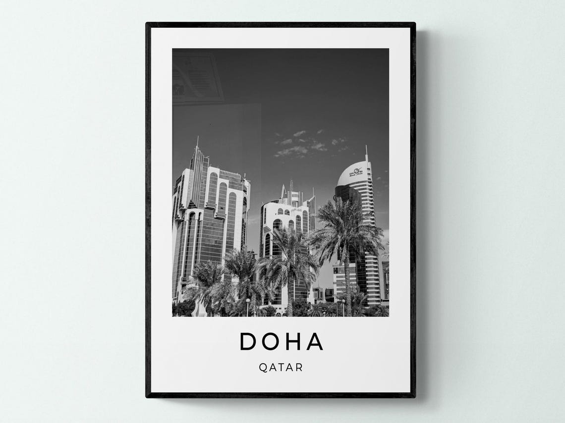 Doha Qatar Modern Skyscraper Skyline Palm Trees Downtown Travel Poster
