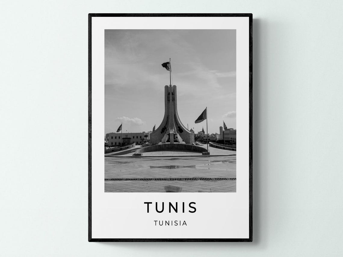 Tunis Tunisia National Monument Flags Plaza Monochrome Travel Poster