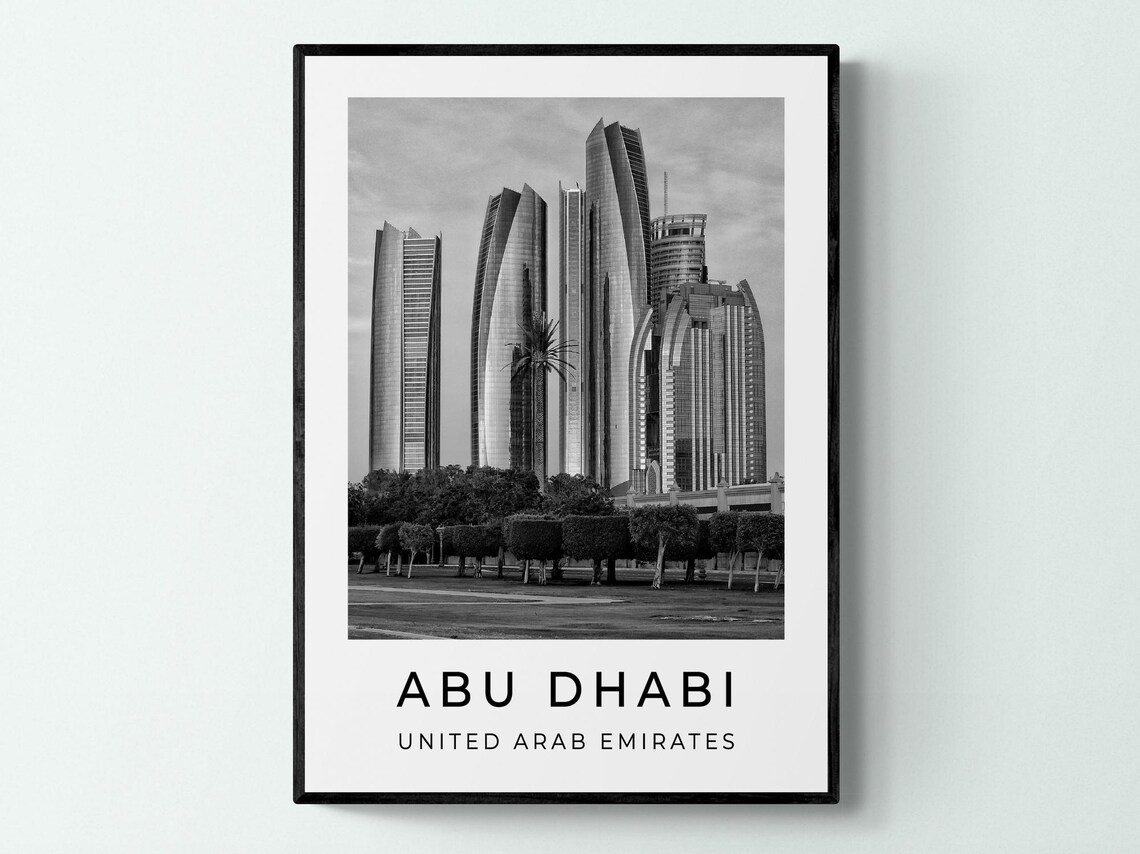Abu Dhabi UAE Etihad Towers Modern Skyline Black White Travel Poster