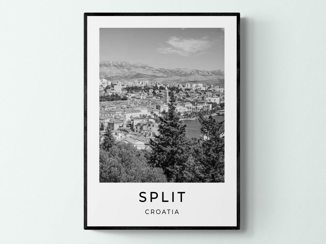 Split Croatia Old Town Harbour Mountain View Monochrome Travel Poster