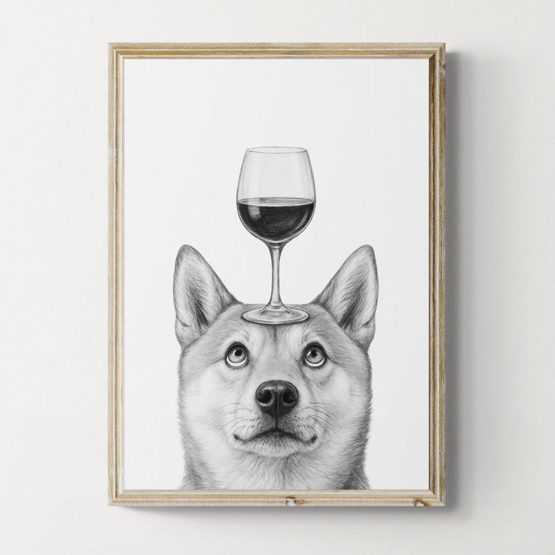 Shiba Inu Balancing Red Wine Glass Funny Dog Sketch Decor Poster