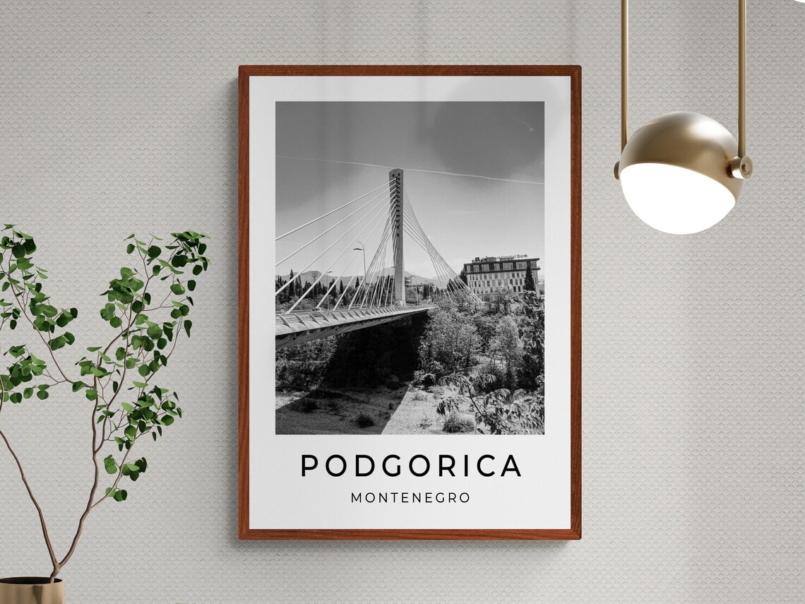 Podgorica Montenegro Millennium Bridge Black and White Travel Poster - Image 2