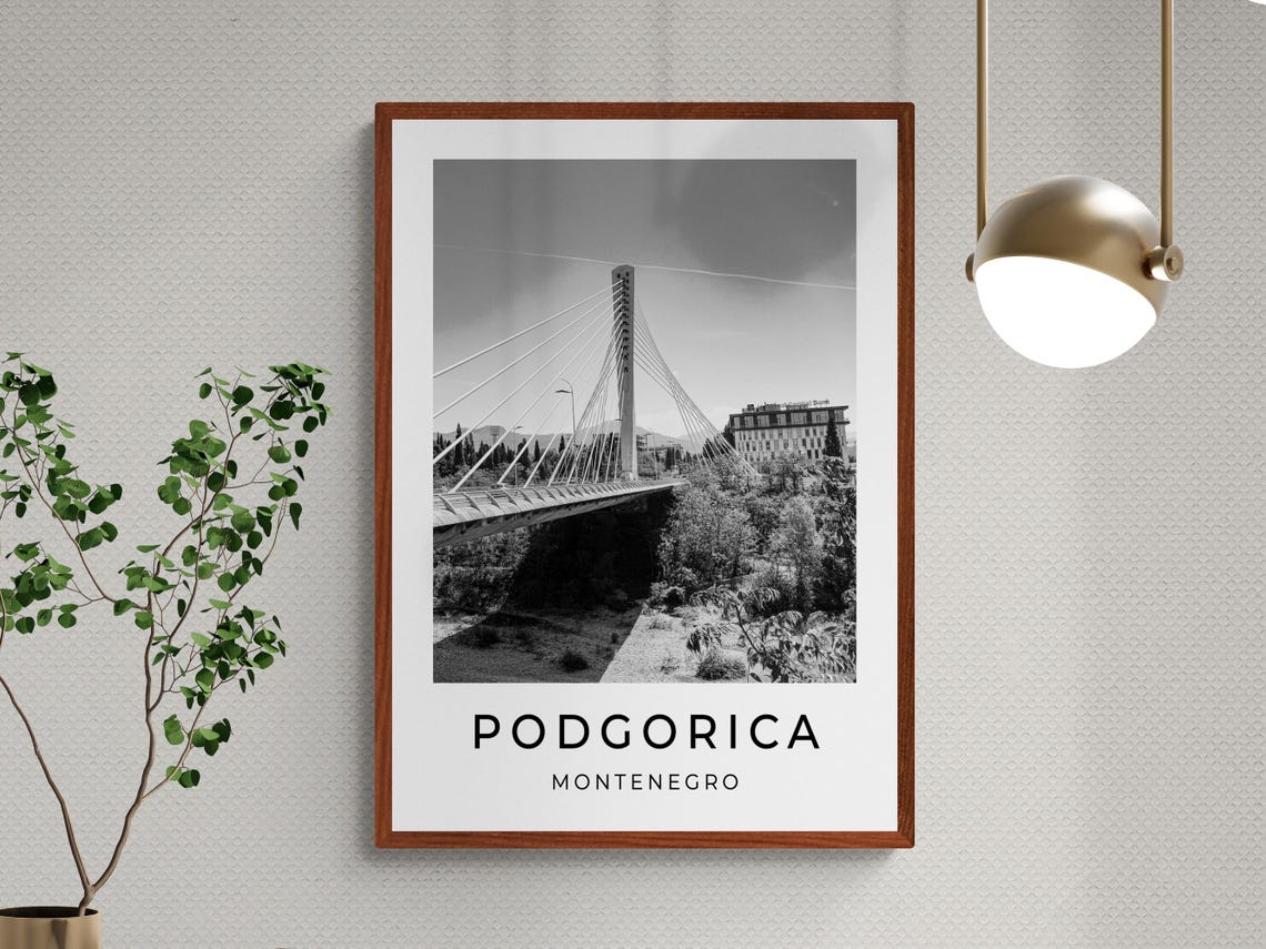 Podgorica Montenegro Millennium Bridge Cable Stayed Black White Poster - Image 3
