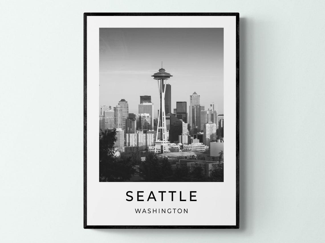 Seattle Washington Space Needle Black White Skyline Photo Print
