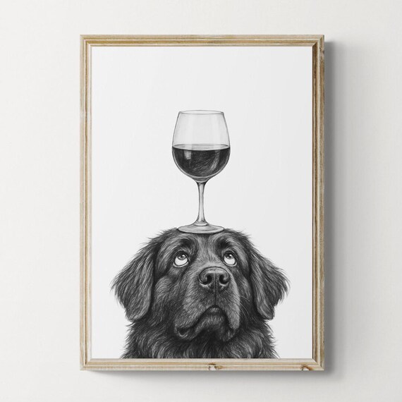 Newfoundland Dog Art Print Funny And Wine Drawing Lover Wall Decor Lovers Gifts