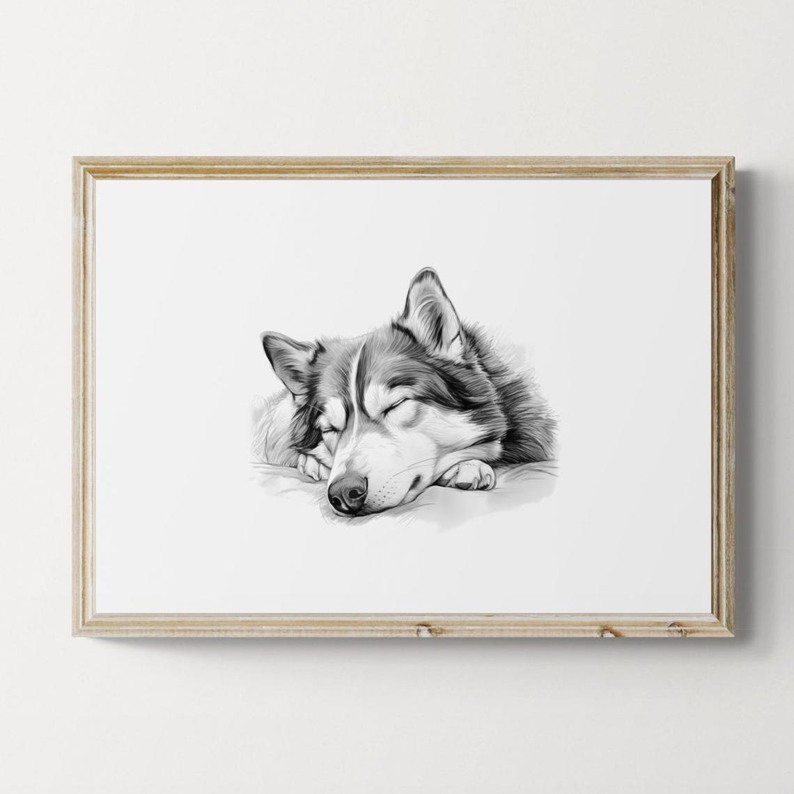 Sleeping Siberian Husky Sketch Black White Farmhouse Dog Poster