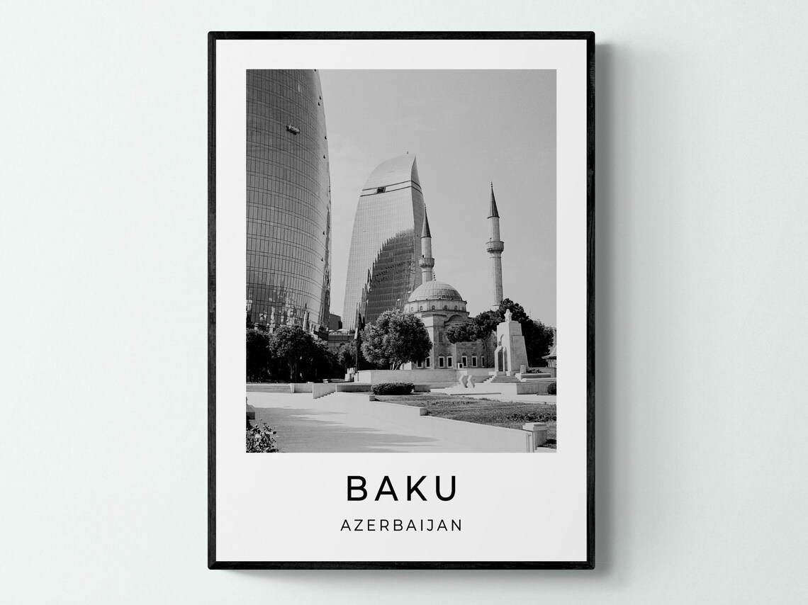 Baku Azerbaijan Flame Towers Mosque Black And White Travel Poster