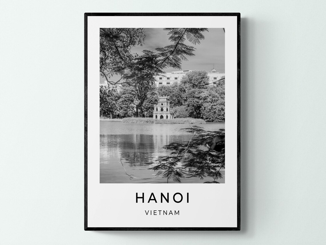 Hanoi Vietnam Hoan Kiem Lake Turtle Tower Black And White Poster