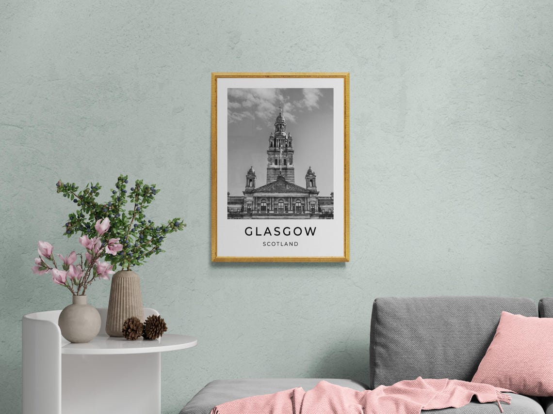 Glasgow Scotland City Chambers Historic Building Monochrome Poster - Image 2