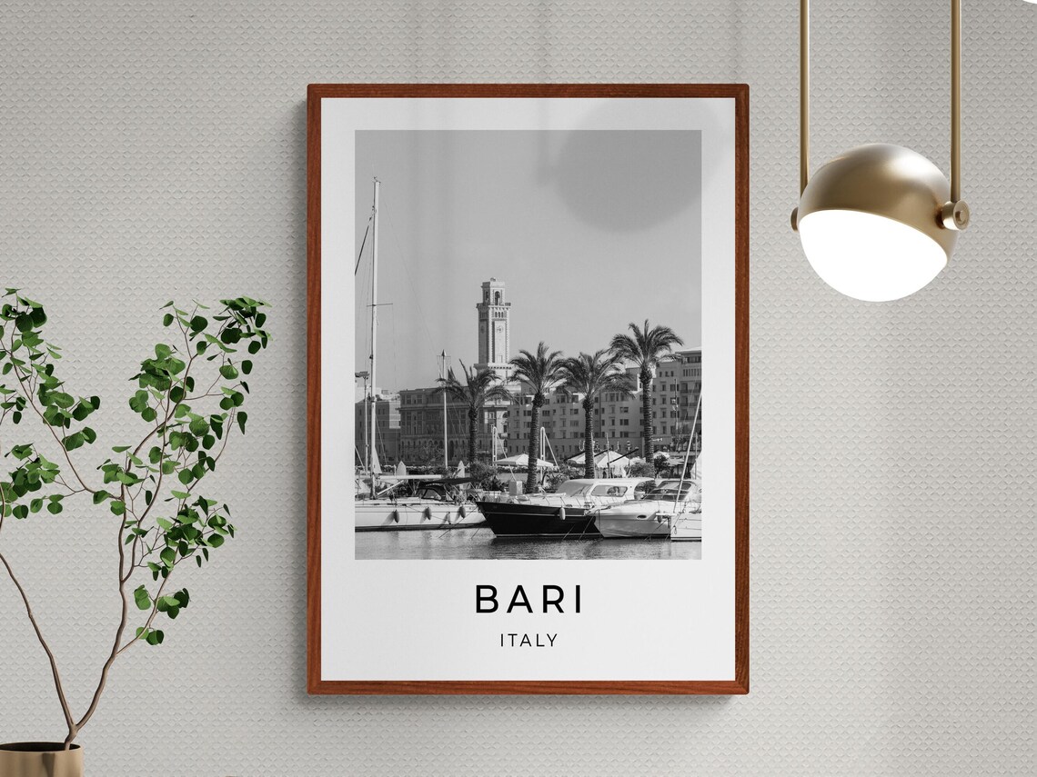 Bari Italy Marina Yachts Palm Trees Black And White Travel Poster - Image 3