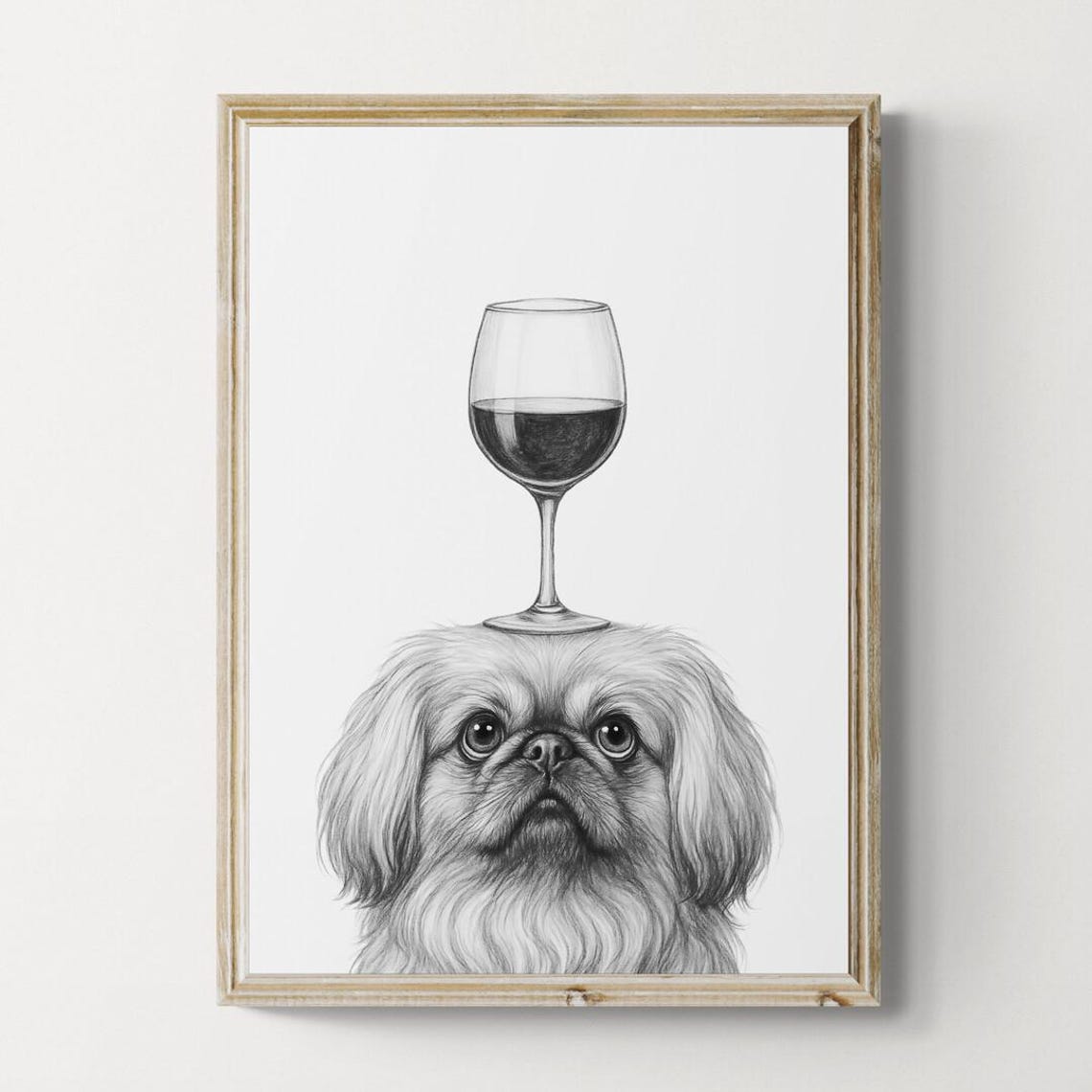 Pekingese Balancing Red Wine Glass Funny Dog Sketch Gift Poster