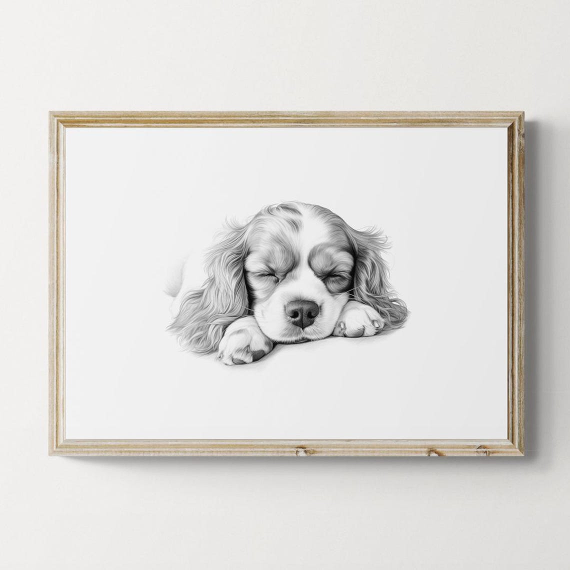Cavalier King Charles Spaniel Sleeping Vintage Pencil Sketch Wall Art