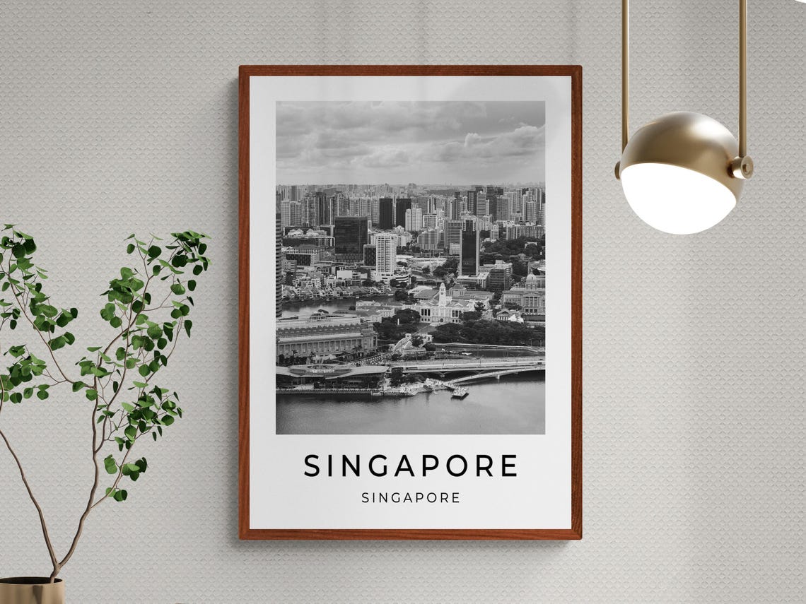 Singapore City Skyline Bay Waterfront Panorama View Black White Poster - Image 3