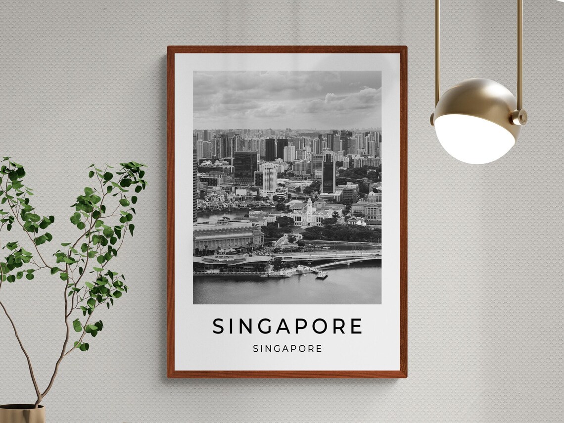 Singapore Skyline Black White Cityscape Waterfront Travel Poster - Image 3