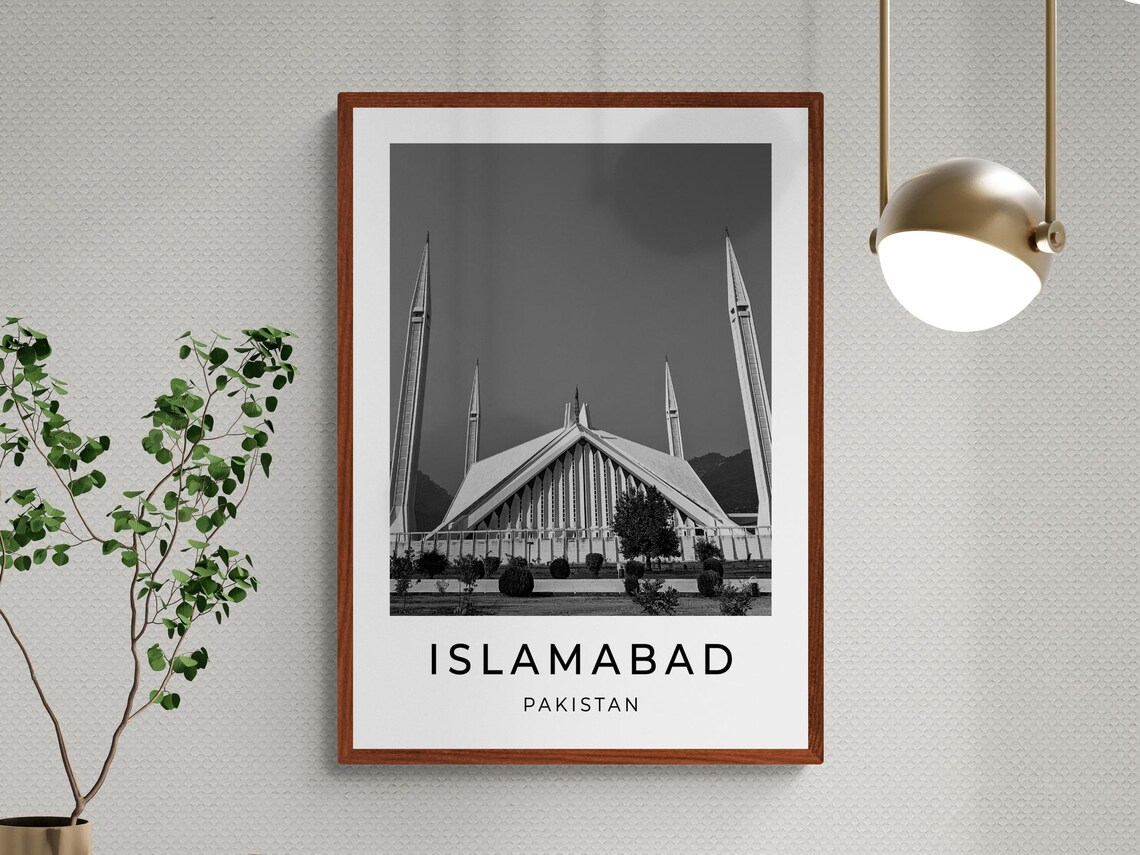 Islamabad Pakistan Faisal Mosque Tent Roof Minarets Black White Poster - Image 3