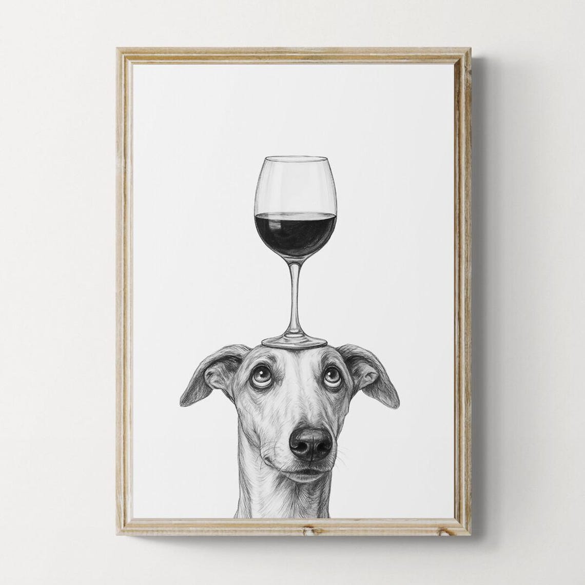Sleek Greyhound Balancing Red Wine Glass Pencil Sketch Poster