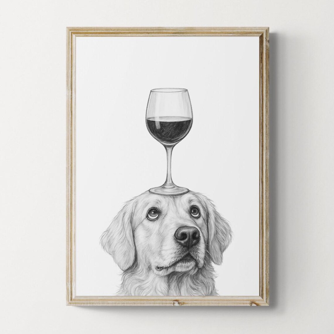 Golden Retriever Dog Art Print, Funny Wine Drawing