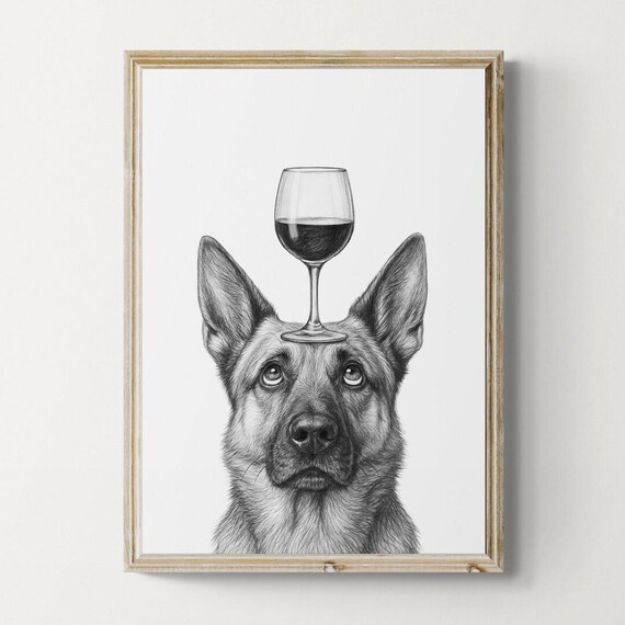 German Shepherd Dog Art Print Funny And Wine Drawing Lover Wall Decor Lovers Gifts