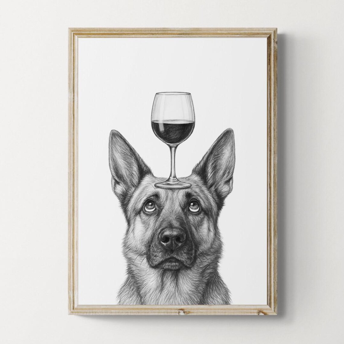 German Shepherd Dog Art Print Funny And Wine Drawing Lover Wall Decor Lovers Gifts