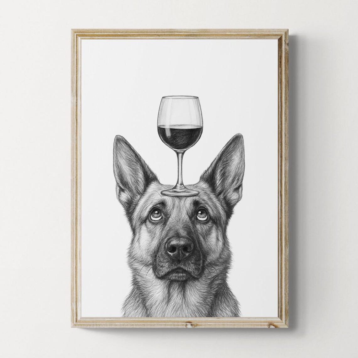 German Shepherd Dog Balancing Red Wine Glass Bold Sketch Poster