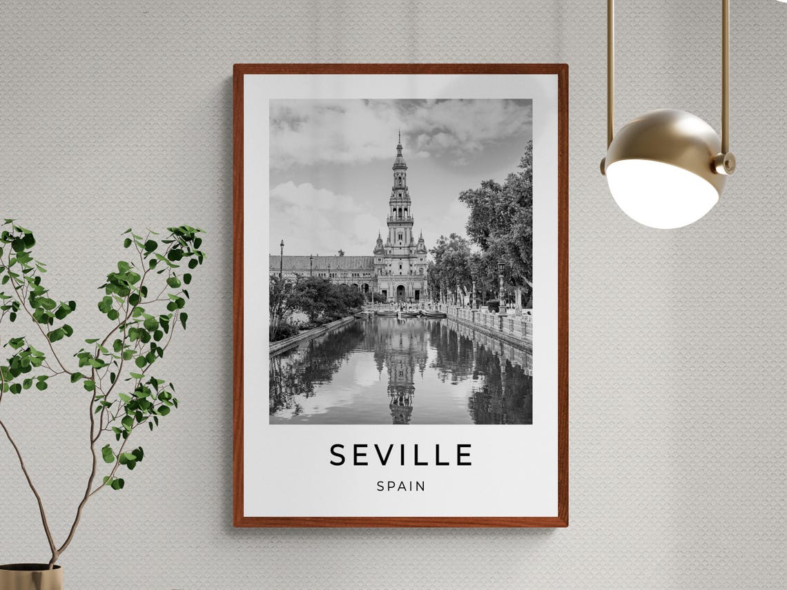 Seville Spain Plaza de Espana Canal Reflection Black White Poster - Image 3