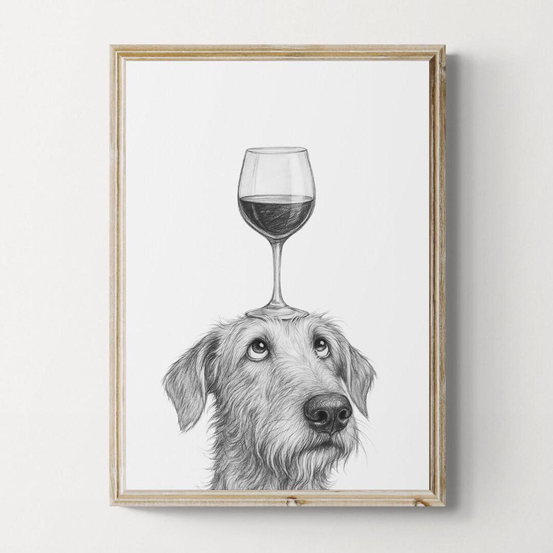 Irish Wolfhound Balancing Red Wine Glass Whimsical Sketch Poster