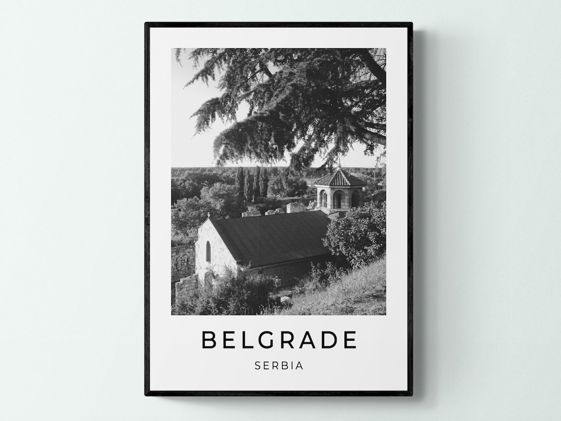 Belgrade Serbia Historic Stone Church Black And White Travel Poster