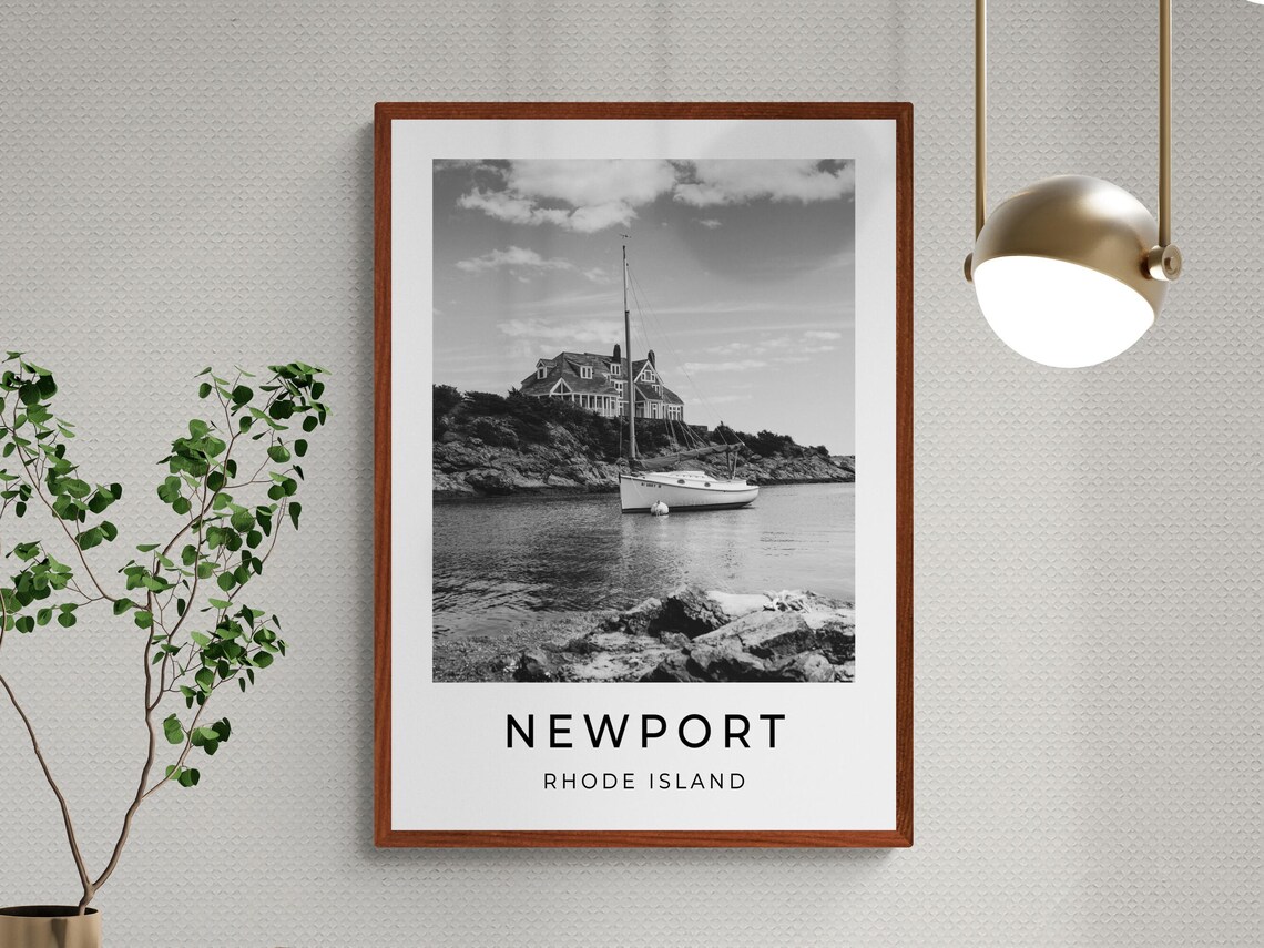 Newport Rhode Island Sailboat Rocky Cove Coastal Black White Poster - Image 3