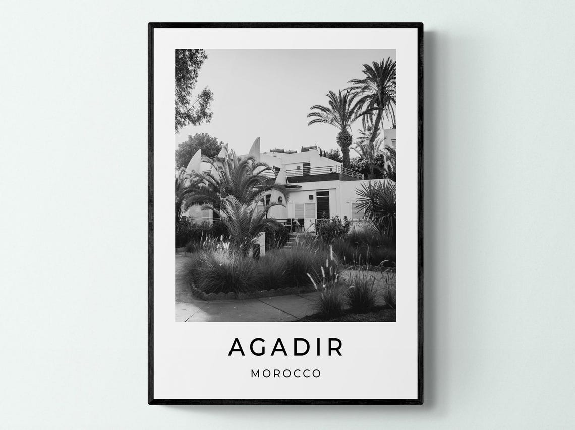 Agadir Morocco White Villa Palm Garden Black White Travel Poster