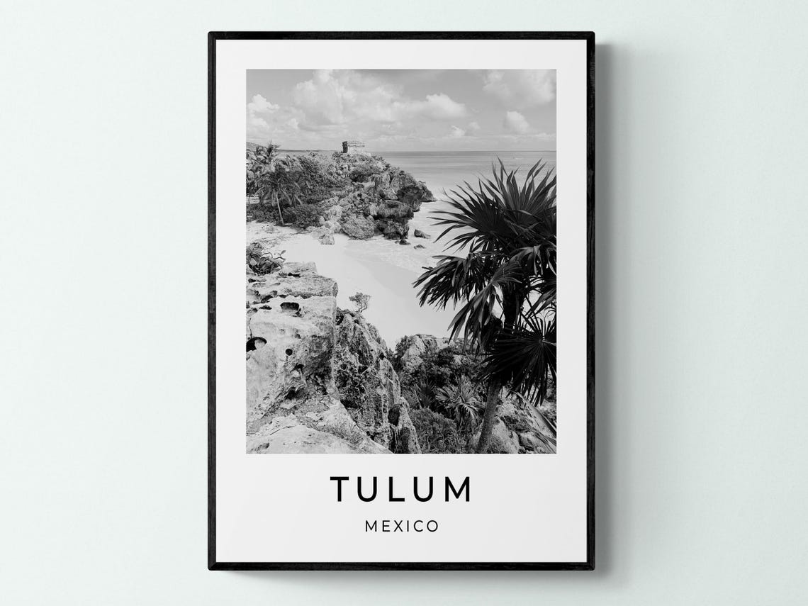 Tulum Mexico Rocky Coastline Palm Trees Black And White Beach Poster