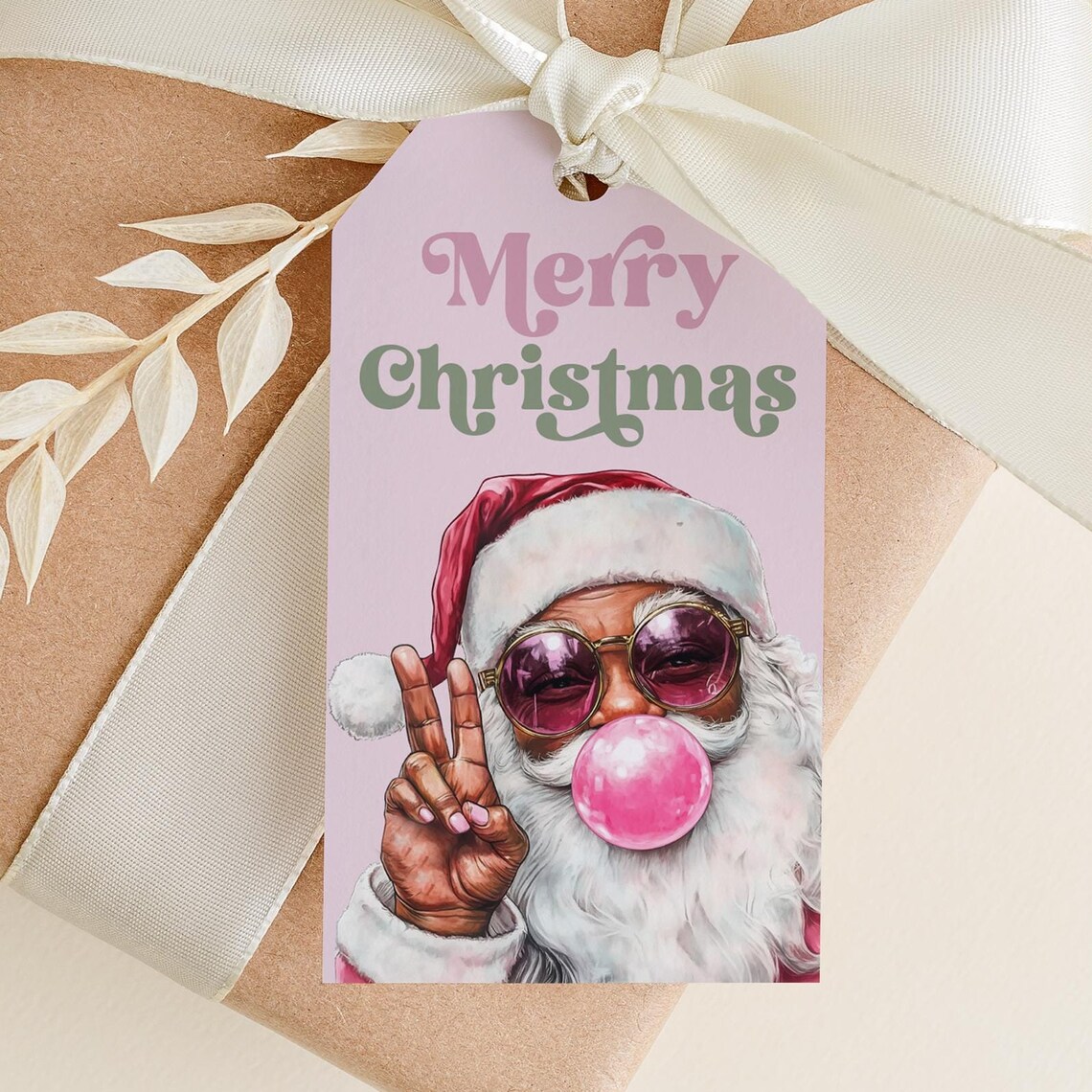Pink Santa Merry Christmas Gift Tag Retro Holiday Favor Design Print