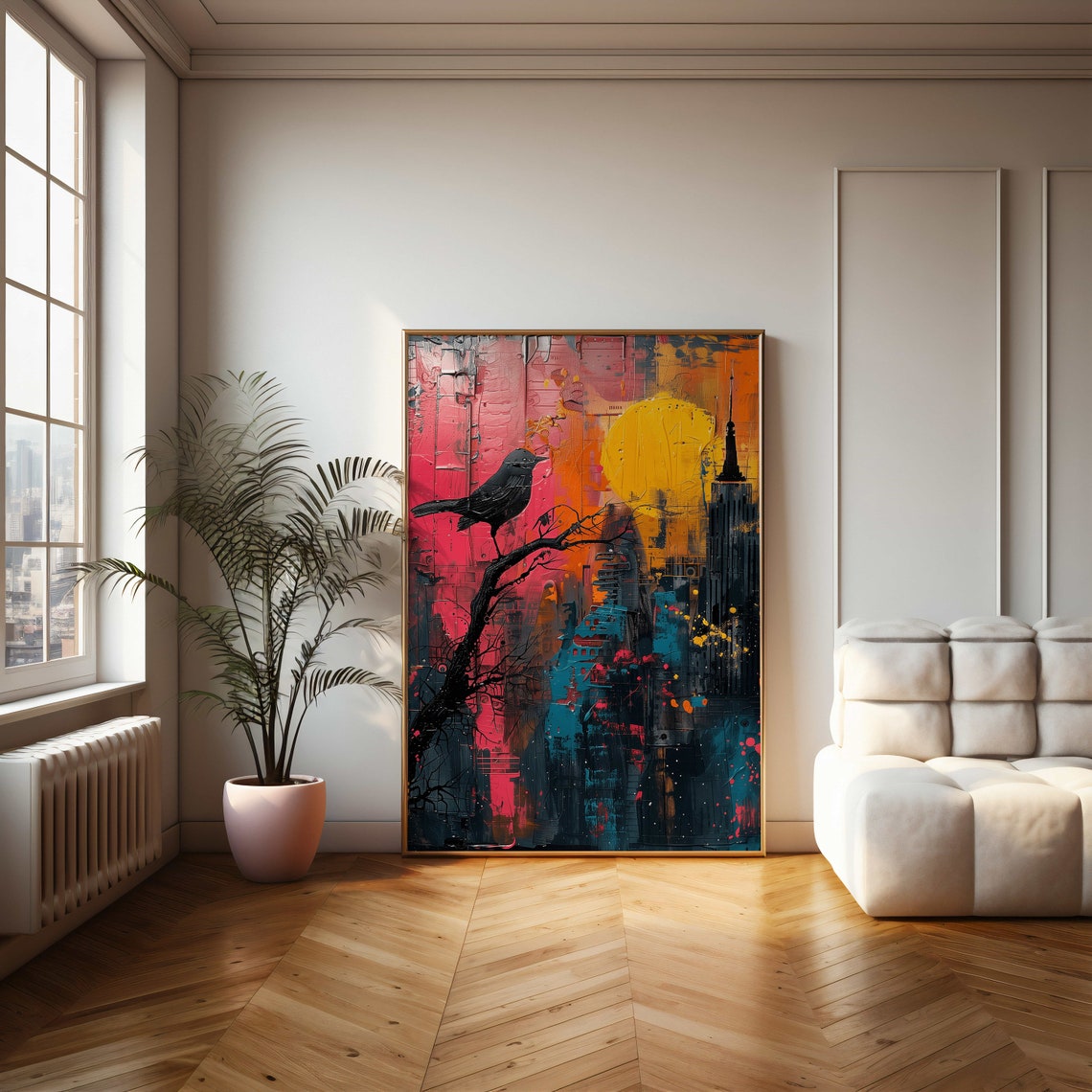 Blackbird Silhouette Over Sunset City Skyline Abstract Poster - Image 2