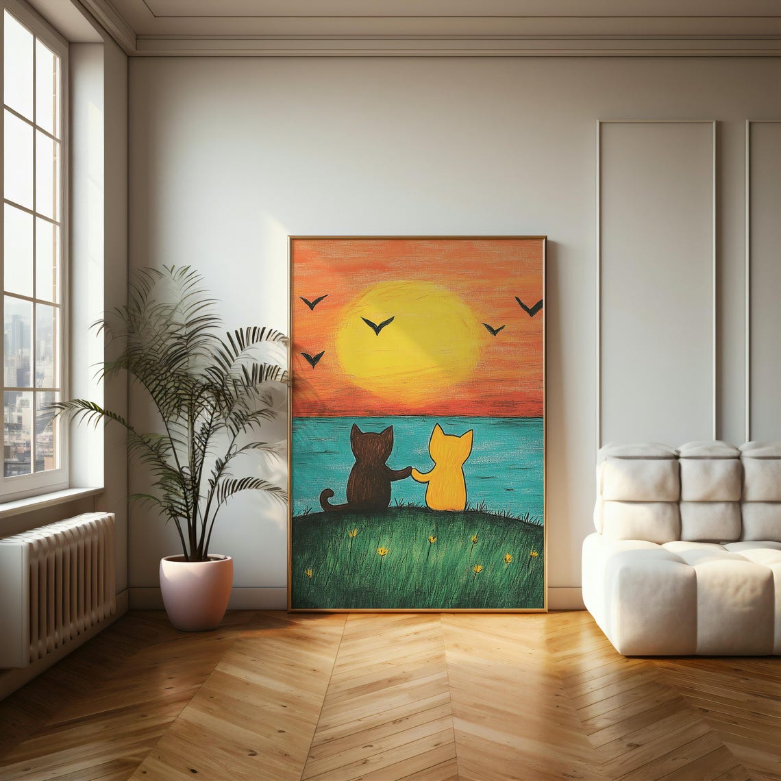 Two Cartoon Cats Watching Sunset By The Sea Naive Art Poster - Image 2