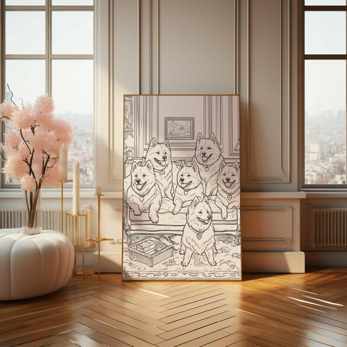 Six Samoyed Dogs Family Portrait Line Art Illustration Poster - Image 4