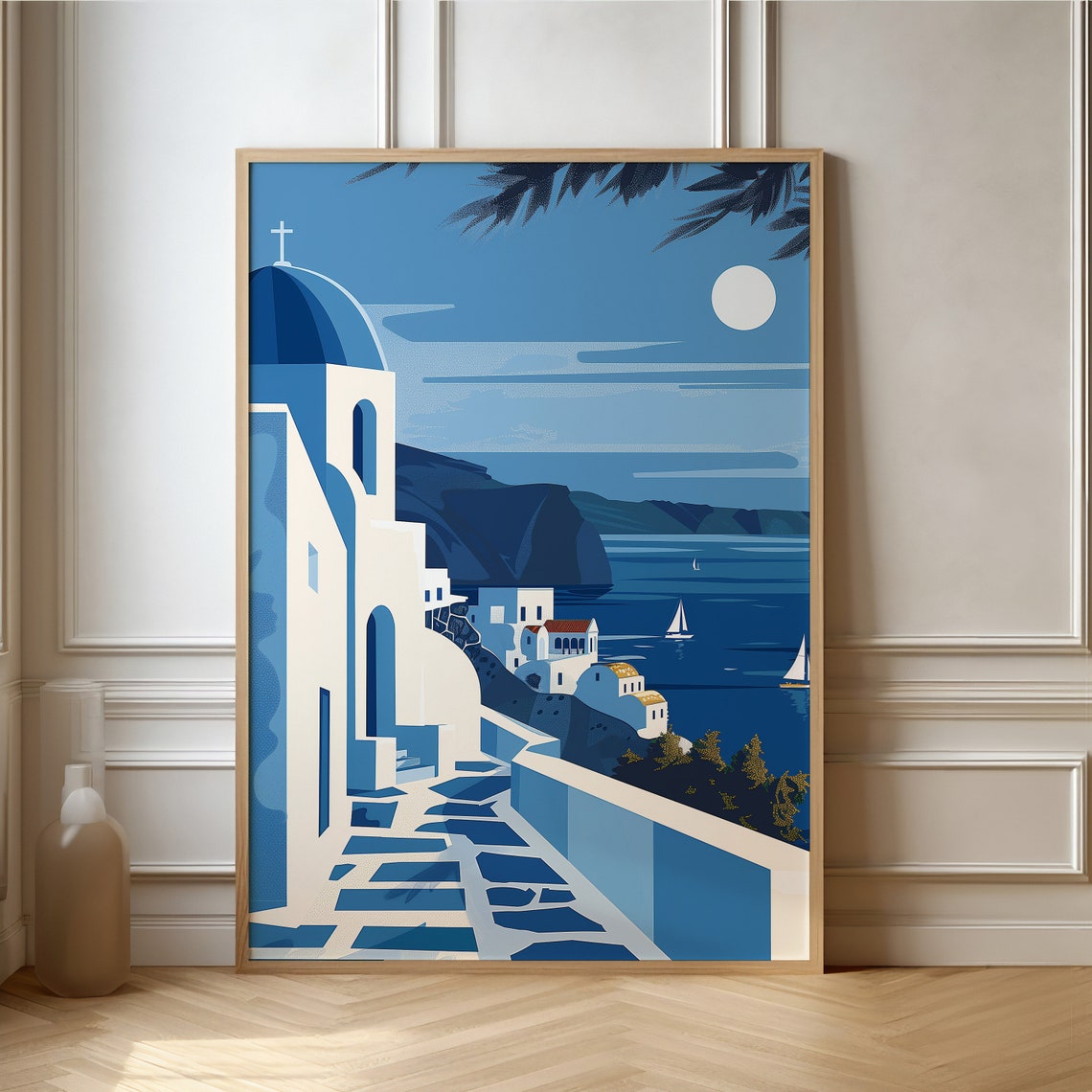 Santorini Blue Dome Church Minimalist Greece Travel Art Poster