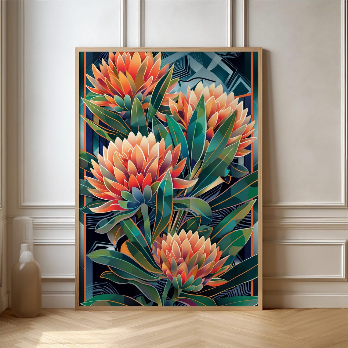 Glowing Orange King Protea Art Deco Dark Geometric Floral Poster