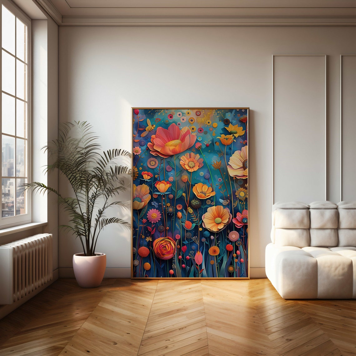 Midnight Blue Fantasy Blooming Flower Garden Mixed Media Art Poster - Image 2