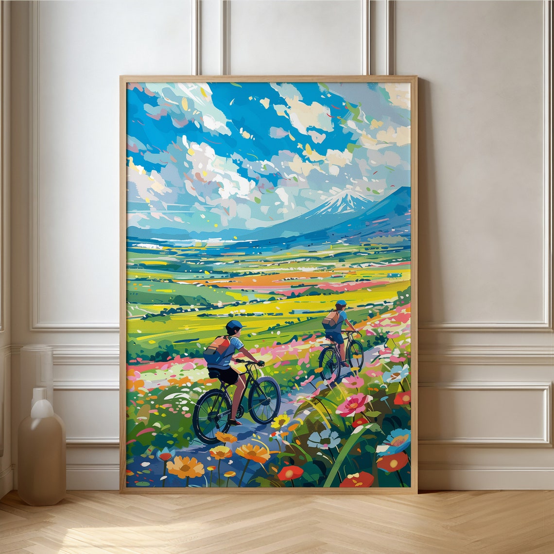 Cyclists Riding Through Flower Fields With Mount Fuji Beyond Poster