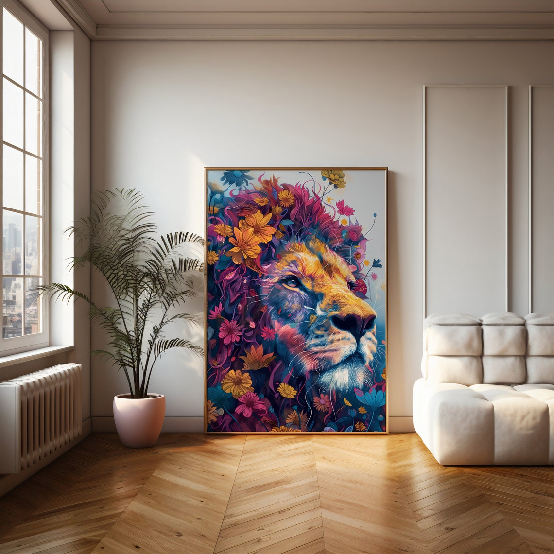 Lion Profile Portrait With Pink Floral Mane Colorful Art Poster - Image 5