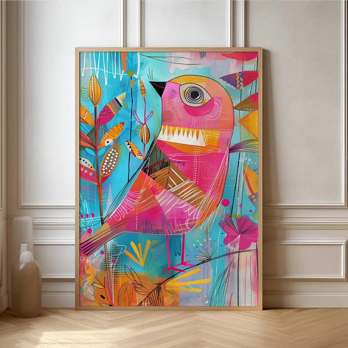 Playful Pink Bird Abstract Art Whimsical Colorful Modern Poster