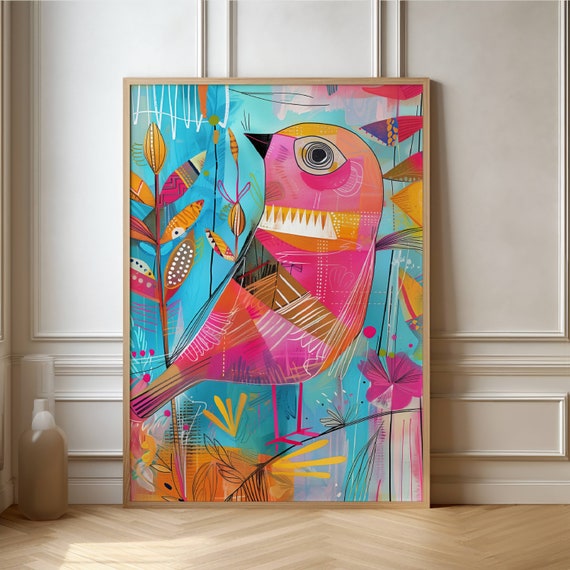 Vibrant Abstract Bird Art Print Colorful Geometric Nature Wall Decor