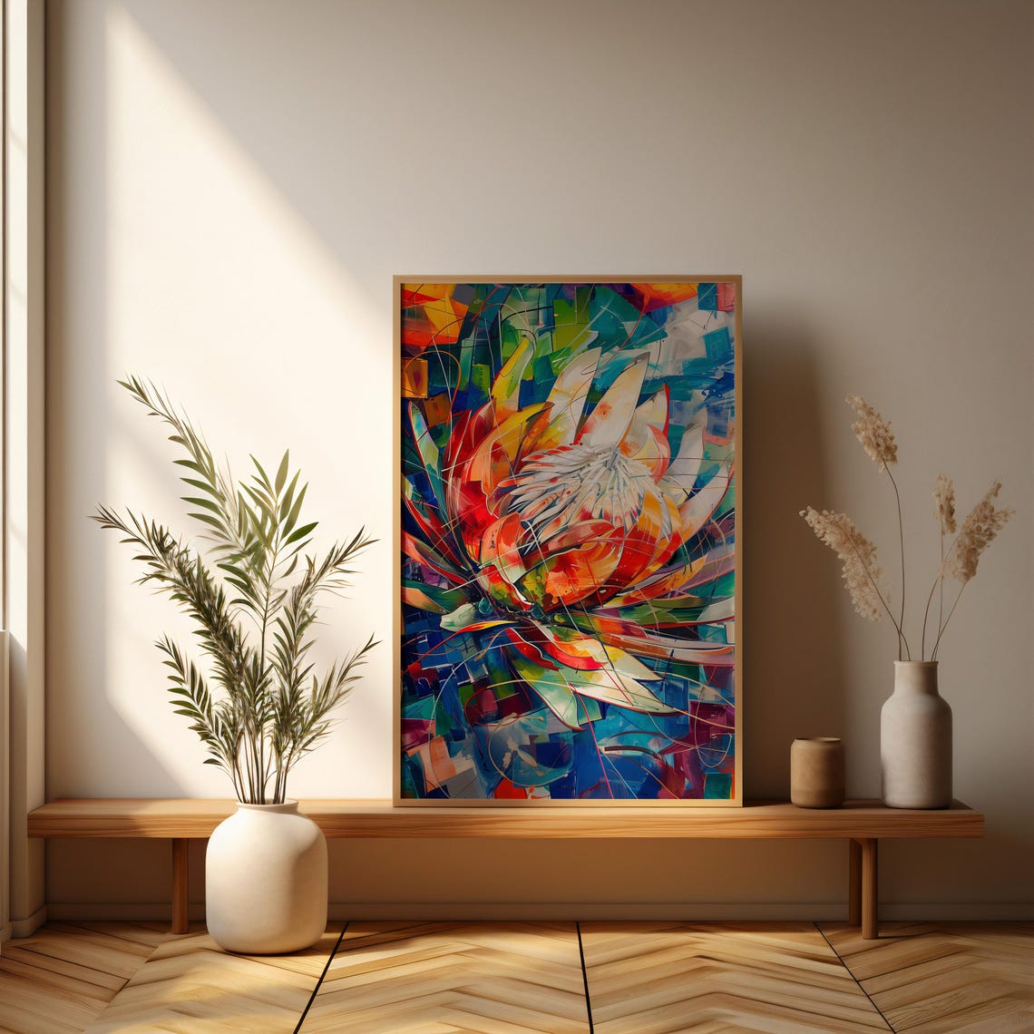 Abstract Cubist Protea Burst Orange Blue Geometric Art Poster - Image 3