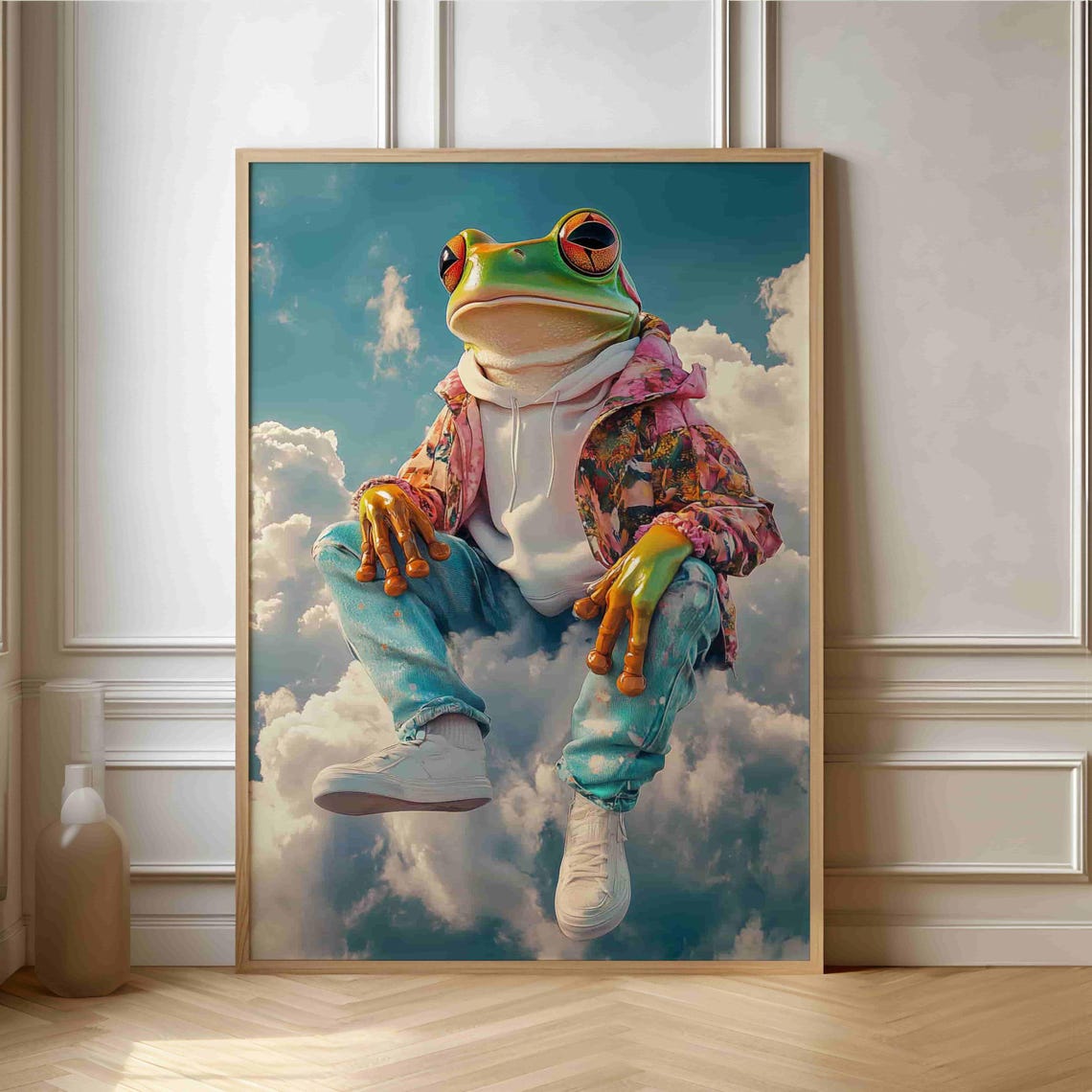 Funky Frog In Hoodie Sitting On Cloud Surreal Whimsical Art Poster