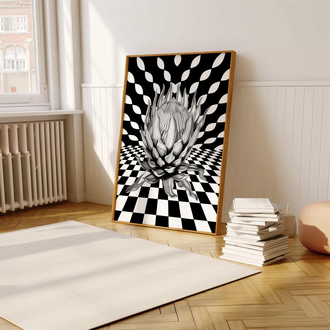 Geometric King Protea Poster Optical Illusion Black And White Wall Art - Image 5