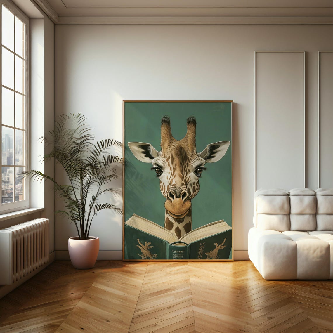 Curious Giraffe Reading A Book On Teal Background Animal Poster - Image 2