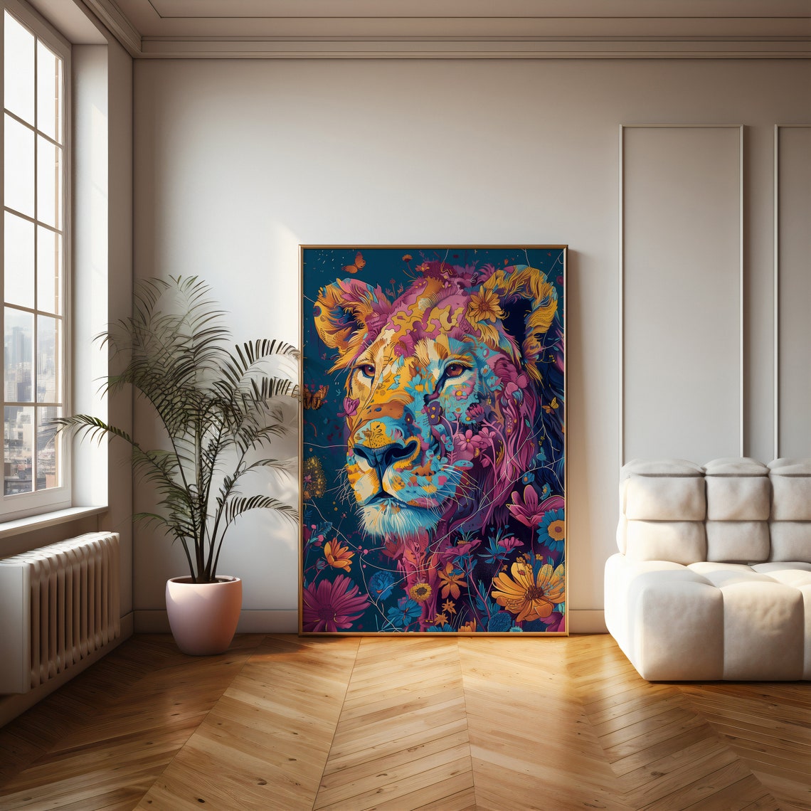 Front Facing Floral Lion Portrait With Butterflies Dark Teal Poster - Image 3
