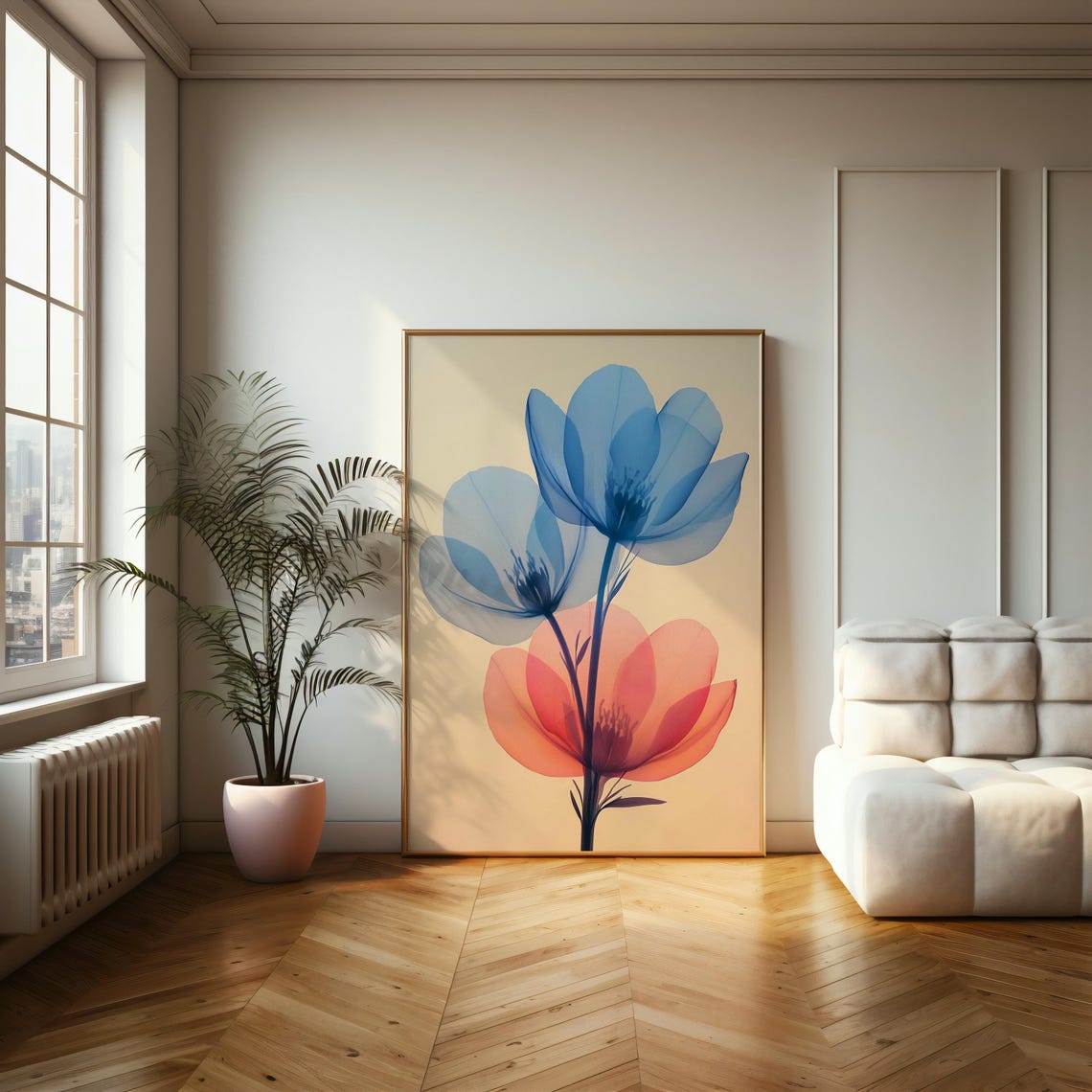 Ethereal Floral Elegance Soft Blue And Coral Flower Wall Art Perfect For Modern And Minimalist Decor - Image 2
