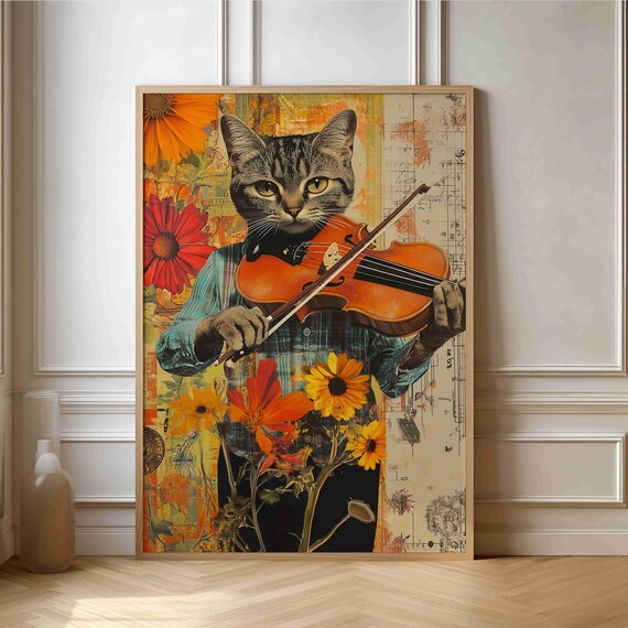 Tabby Cat Playing Violin with Sunflowers Whimsical Collage Poster Art